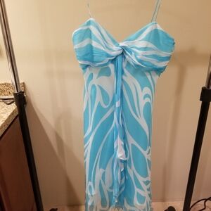 Beautiful Turquoise & White Silk Spaghetti strap T-length Dress By Milly